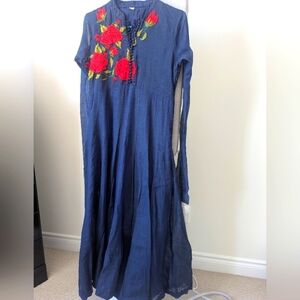 Blue Linen Indian Long Sleeve Kurta With Red Floral Embroidery- Sm New